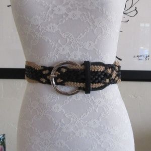 Woven hemp & black faux leather belt silver buckle